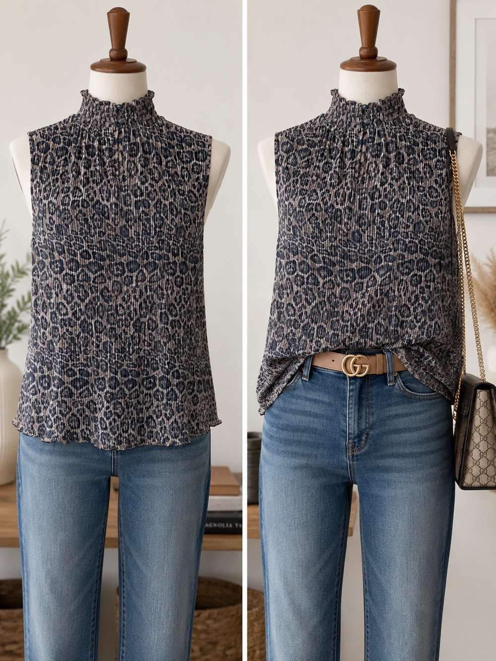 Mock Neck Sleeveless Leopard-Print Cami in Black/Cream Adrianna Papell